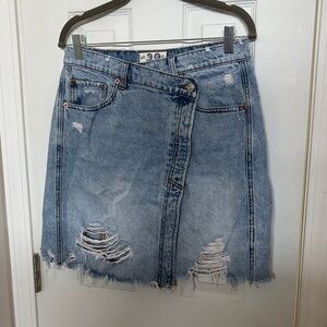 Free People We The Free Asymmetrical Distressed Denim Skirt Size 29